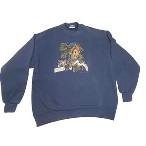 Vintage Endless Designs Cat Birdhouse Graphic Sweatshirt 90s Granny Large Nature